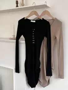 DAZY 纯色纽扣前身紧身连衣裙，秋季连衣裙长袖连衣裙 - 黑色 - 查看 5