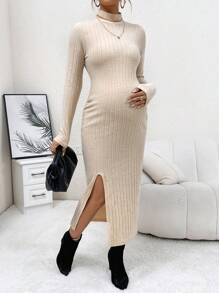 SHEIN Thai sản Gân đan Tách đùi Đầm - Màu Khaki - Xem 3