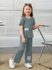 SHEIN 女小童標語貼布細節T恤和褲子 - 藍色 - 查看 5