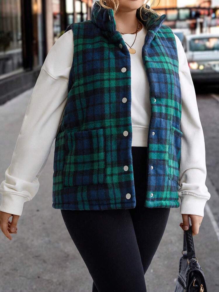 Plus Size Plaid Print Button Front Vest Padded Padded Coat Clothes Winter