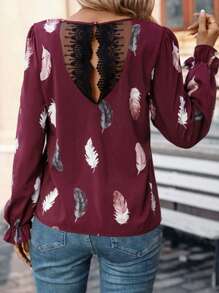 SHEIN Frenchy Feather Print Contrast Lace Flounce Sleeve Blouse - Red - View 3