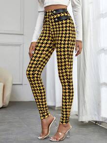 SHEIN Privé Pantalones ajustados con estampado de pata de gallo - Amarillo - Ver 3