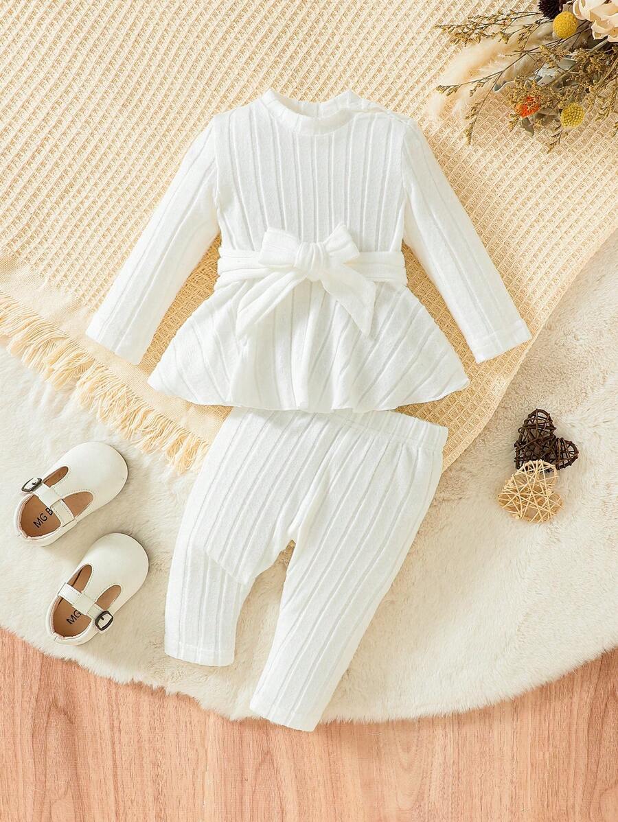 SHEIN 寶寶女孩休閒慵懶時尚舒適長袖鬆緊上衣和褲子套裝，包括腰帶，適用於秋冬季節 - 白色 - 查看 1