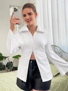 SHEIN MOD Plus Zip Up Flounce Sleeve Jacket - White - View 4