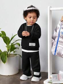 SHEIN 男嬰標語圖案落肩袖衛衣和衛褲 - 黑色 - 查看 7