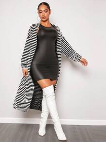 SHEIN SXY 條紋圖案落肩袖開門襟外套 - 黑與白 - 查看 5