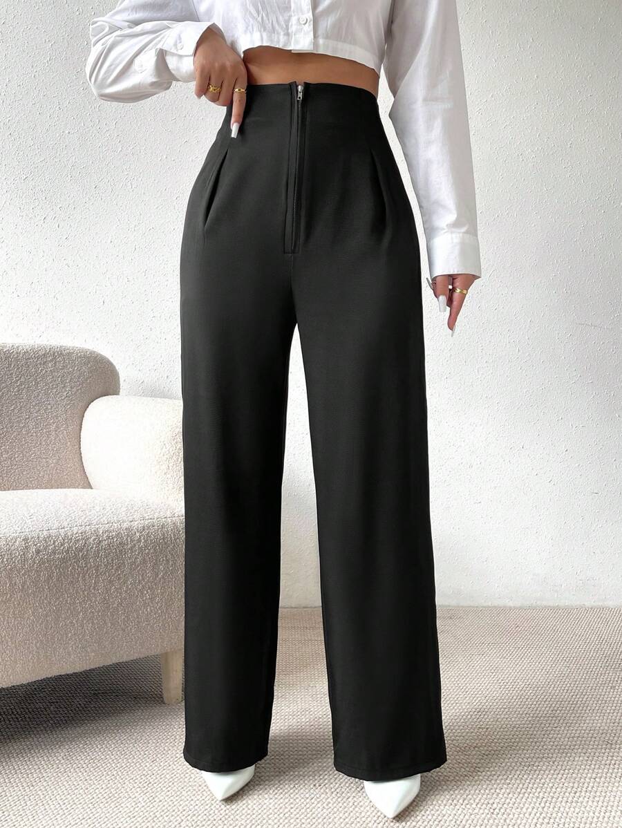 Firerie High Waist Fold Pleated Straight Leg Pants - Black - View 1