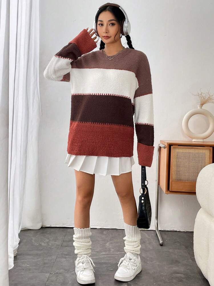 Color Block Drop Shoulder Knit Pullover Fall Winter Sweater
