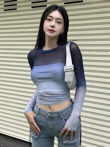 DAZY Ombre Ruched Mesh Top Without Tube Top Going Out Tops Festival Sheer Long Sleeve Women Tops Crop Women Tops - Blue - View 4