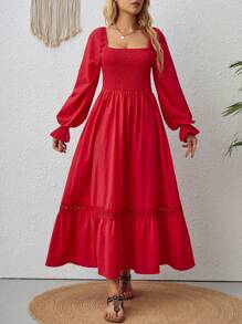 SHEIN VCAY 方領喇叭袖荷葉邊洋裝 - 紅色 - 查看 4