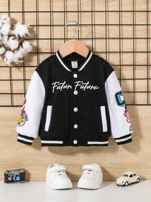 SHEIN Baby Boy Letter & Cartoon Graphic Two Tone Varsity Jacket Without Tee - Multicolor - View 6