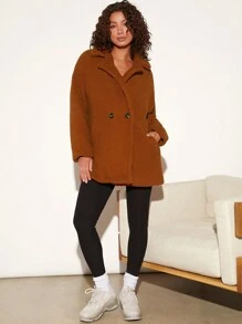 SHEIN BASICS 西裝領落肩袖絨毛外套 - 鏽棕色 - 查看 4