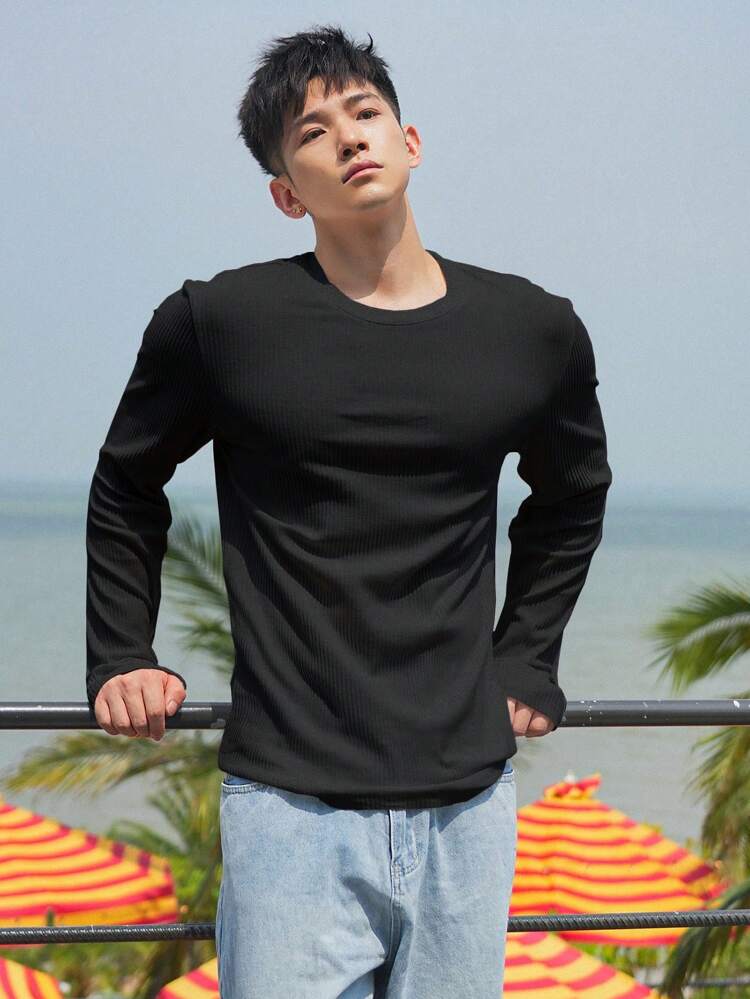 Men Solid Ribbed Knit Tee,Fall Clothes Long Sleeve Men Shirt