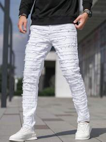 Manfinity Homme Nam Chất rắn Rách Frayed Quần jean ôm - trắng - Xem 1