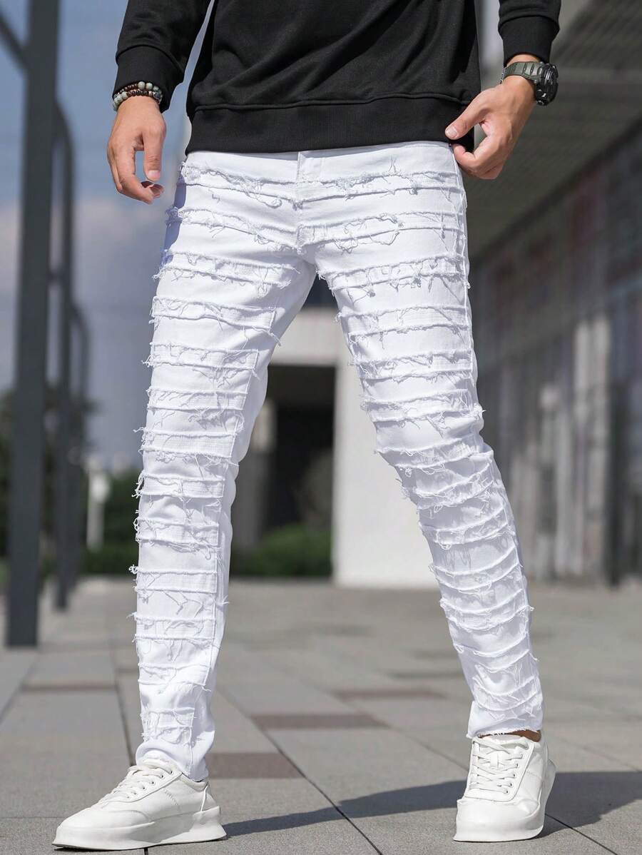 Manfinity Homme Nam Chất rắn Rách Frayed Quần jean ôm - trắng - Xem 1