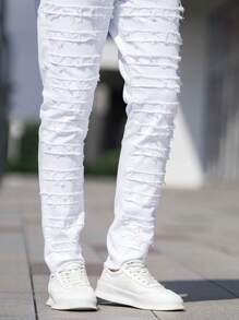 Manfinity Homme Nam Chất rắn Rách Frayed Quần jean ôm - trắng - Xem 7