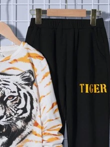 Tween Boy Tiger Print Pullover & Letter Graphic Sweatpants - Multicolor - View 5