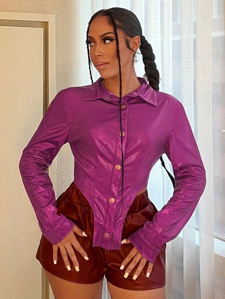 Solid Button Front Asymmetrical Hem PU Leather Jacket