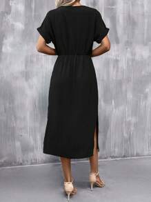 SHEIN Clasi 蝙蝠袖前打結高衩洋裝 - 黑色 - 查看 2