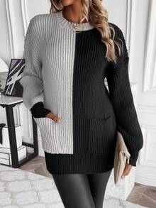 SHEIN Frenchy Two Tone Drop Shoulder Pocket Patched Sweater - Multicolor - View 4