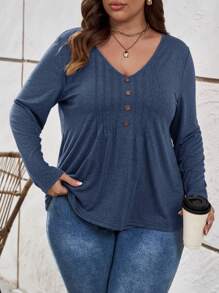 SHEIN LUNE Plus Solid Button Front Tee - Navy Blue - View 3
