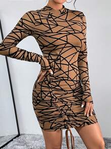 SHEIN Essnce Vestido ajustado con estampado geométrico con cordón delantero - Café - Ver 4