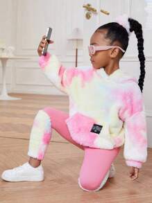 SHEIN Hanorac și jambiere de pluș cu buzunar cangur pentru fetiță Tie Dye
