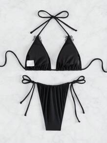 SHEIN Swim Summer Beach Women's Halter Neck Swimsuits Set - Black - View 2