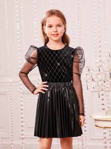 女大童網紗拼接羊腿袖金屬亮絲T恤&百褶半身裙 - 黑色 - 查看 3