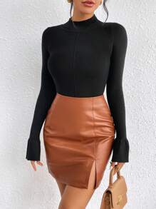 SHEIN Privé Flounce Sleeve Mock Neck Sweater - Black - View 5