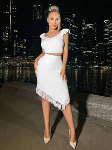 SHEIN SXY 帶流蘇設計的白色保暖針織裙 - 白色 - 查看 1