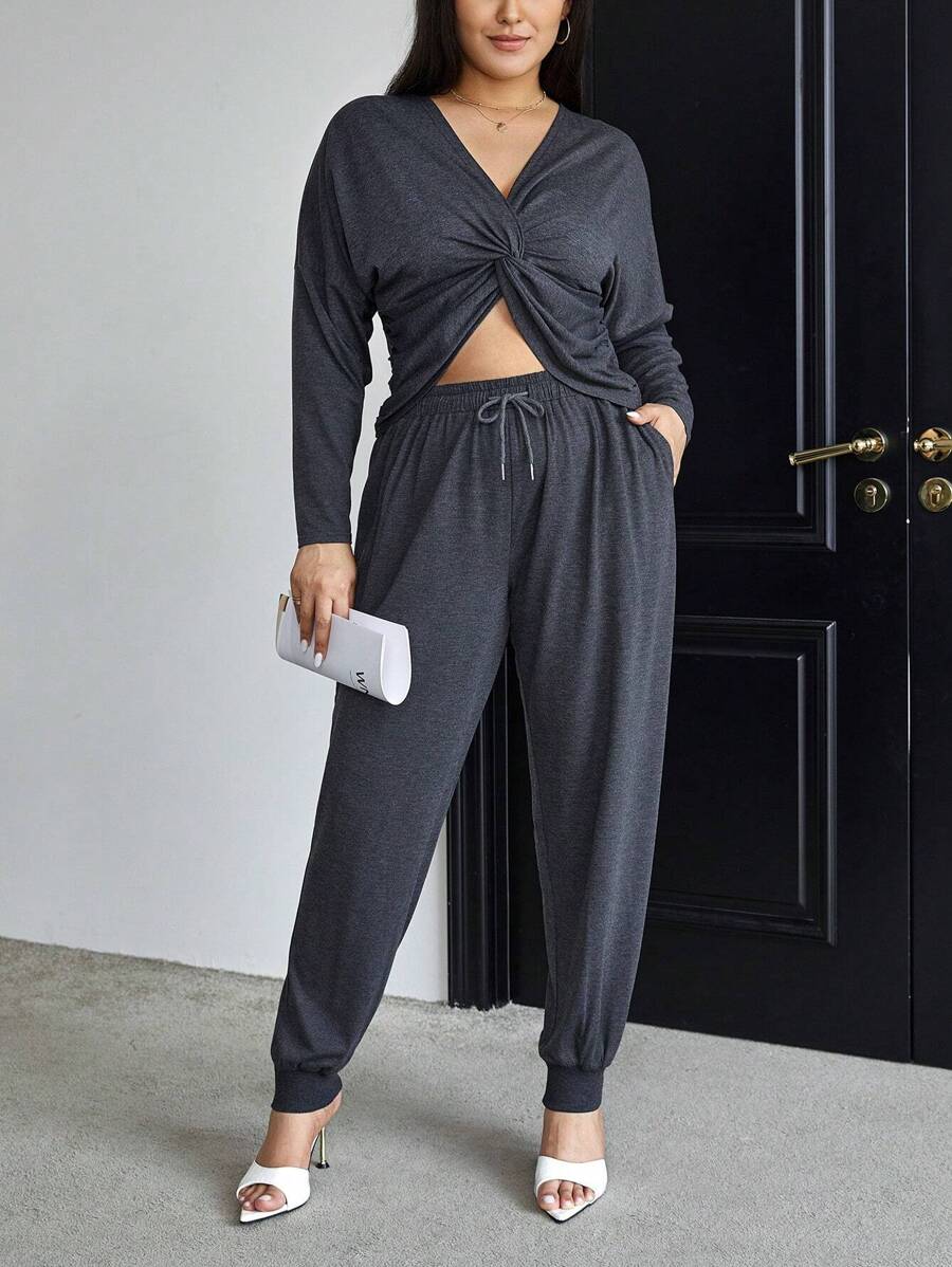 SHEIN Essnce Plus Twist Front Drop Shoulder Tee & Drawstring Waist Sweatpants - Dark Grey - View 1