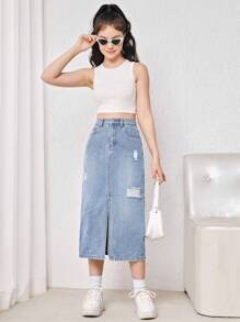 SHEIN 青少年女孩破洞斜口袋牛仔半身裙 - 淺色水洗藍 - 查看 3