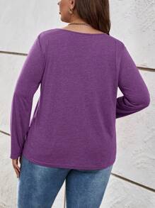SHEIN LUNE Plus Size Women's Solid Color Button Design V-Neck Long Sleeve Casual T-Shirt - Purple - View 2