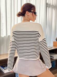 SHEIN EZwear Striped & Letter Pattern Drop Shoulder Sweater - Khaki - View 2