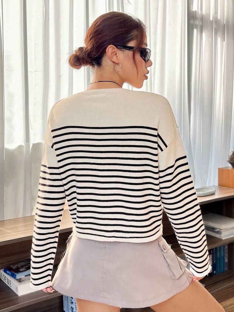 Striped & Letter Pattern Drop Shoulder Sweater