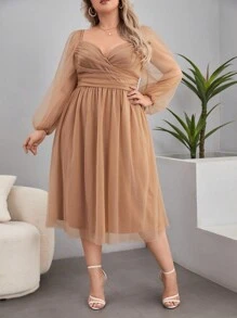 SHEIN Privé Plus Sweetheart Neck Lantern Sleeve Mesh Overlay Dress - Khaki - View 3