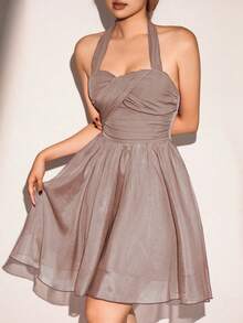 SHEIN Privé 素色繞頸露背褶邊緊身洋裝 - 藕粉色 - 查看 6