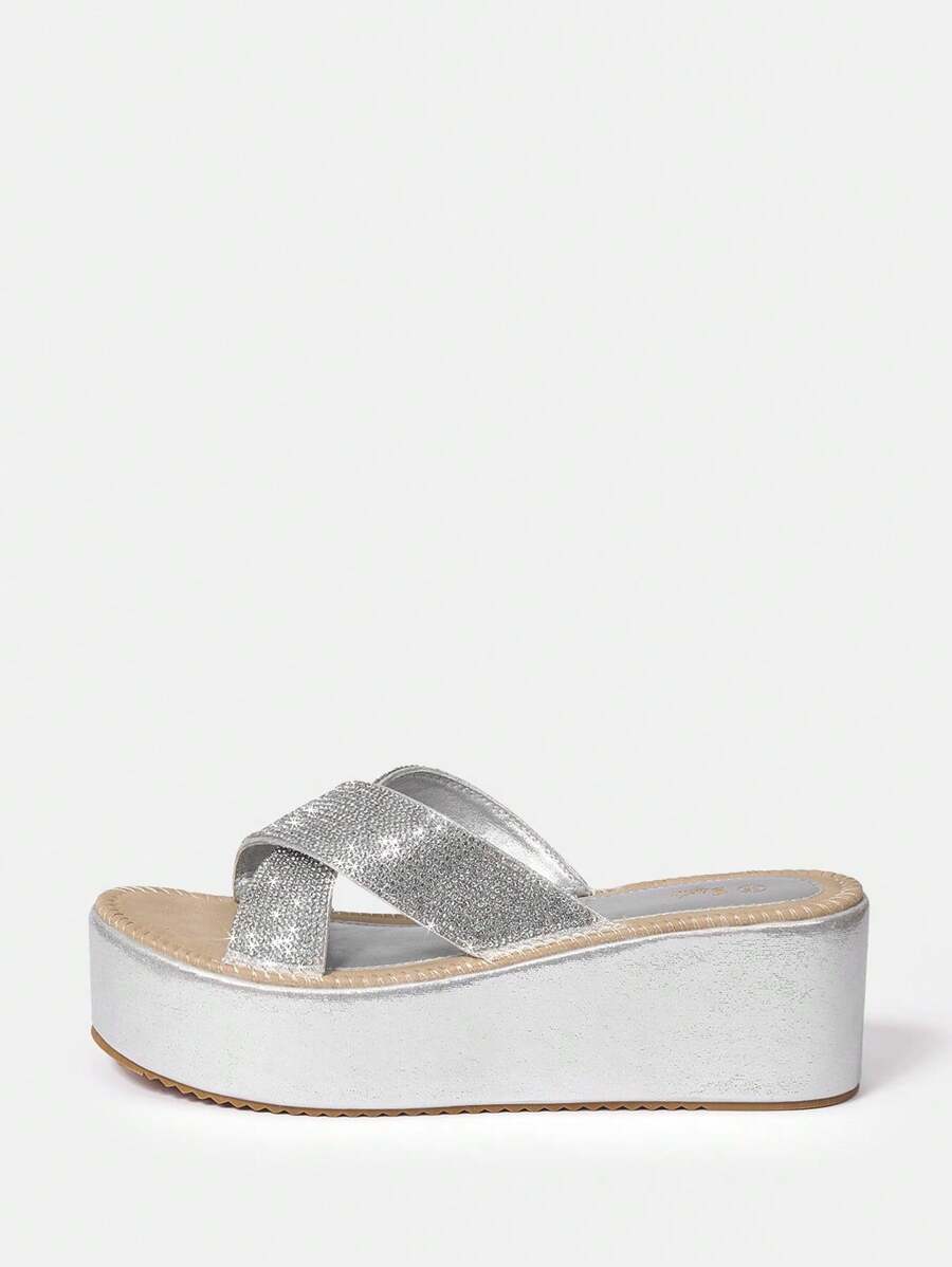 SheIn SXY 銀十字交叉帶厚下裝涼鞋拖鞋 - 銀色 - 查看 1