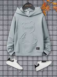 SHEIN Áo nỉ cho bé trai tuổi teen, họa tiết chữ cái và gấu, chi tiết vá. - Nhiều màu - Xem 1