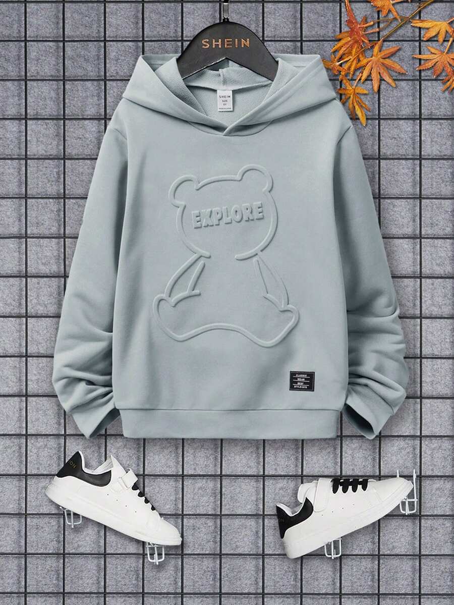 SHEIN Áo nỉ cho bé trai tuổi teen, họa tiết chữ cái và gấu, chi tiết vá. - Nhiều màu - Xem 1