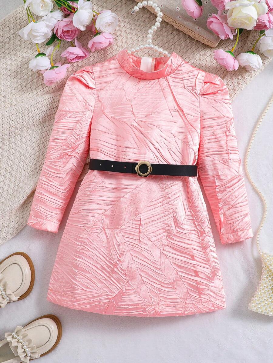 SHEIN Cô Gái Trẻ Chất rắn Cổ giả Ống tay áo Đầm Với thắt lưng - Hồng - Xem 1