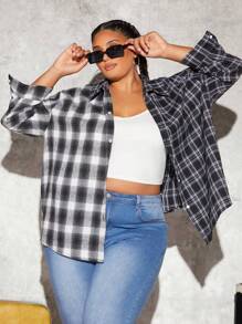 SHEIN CURVE+ 大尺碼寬鬆格紋襯衫