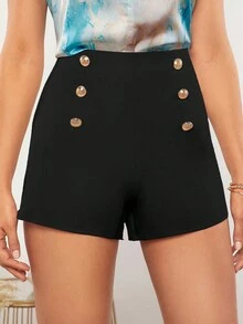 SHEIN LUNE Button Detail Shorts - Black - View 6