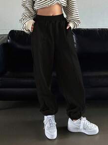 DAZY Solid Elastic Waist Sweatpants,Women Joggers