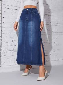 SHEIN Privé Tách đùi Váy Denim - Rửa tối - Xem 5