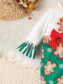 SHEIN Bebé niña Mono con estampado de Navidad con lazo delantero de manga con volante bajo con fruncido con banda cabeza - Multicolor - Ver 3