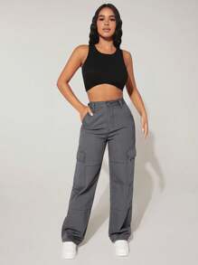 SHEIN PETITE High Waist Flap Pocket Cargo Jeans - Dark Grey - View 4