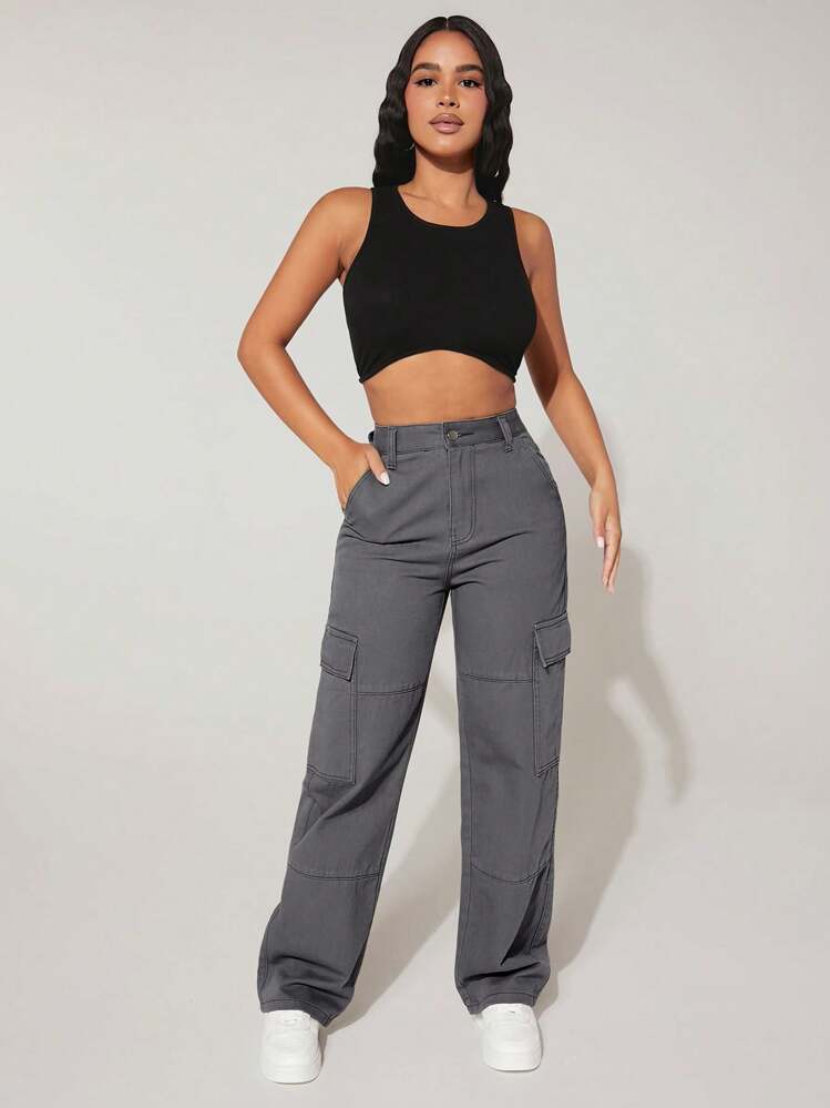 SHEIN PETITE 高腰翻蓋口袋工裝牛仔褲 - 深灰色 - 查看 4