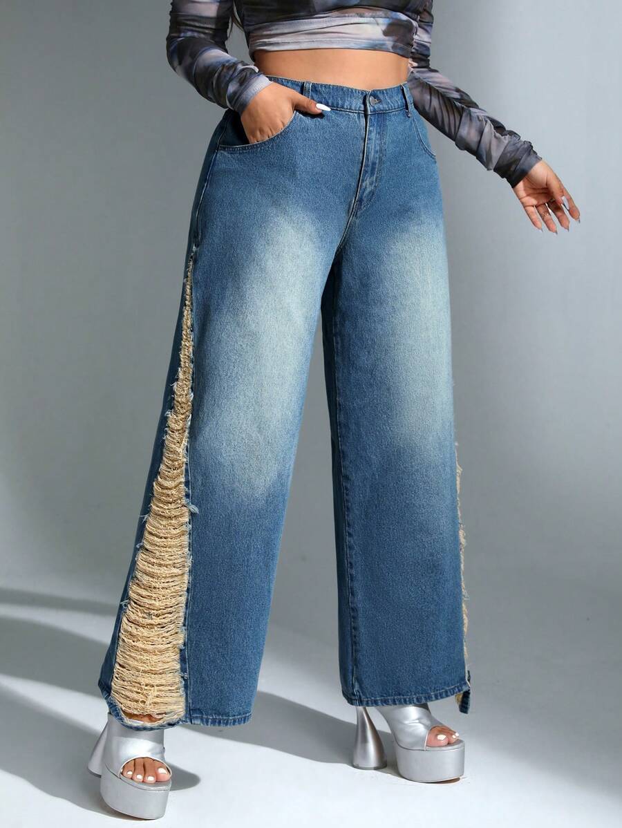 SHEIN ICON 大碼破洞闊腿牛仔褲 - 藍色 - 查看 1